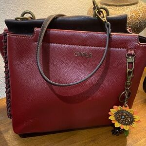 Chala Red and Brown Shoulder Bag with Sunflower Charm